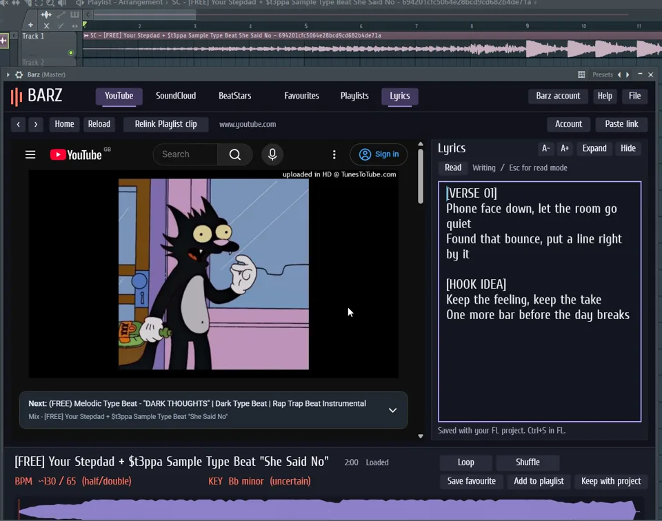Barz running inside FL Studio with a linked Playlist WAV, YouTube browser and original demo lyrics side by side.